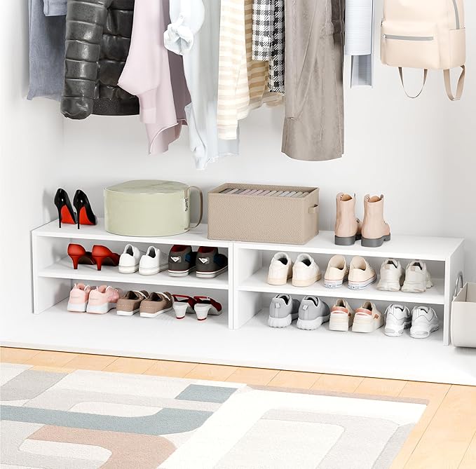 Whitmor Stackable 28" Extra Wide 2-Shelf Storage Organizer, Stackable Wood Combination Shoe Organizer Racks Shelves for Closets, Entryway, Hallway, Garage,White,2 Pack - Image 4