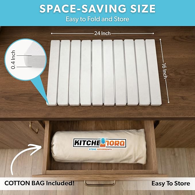 Stone Drying Mat for Kitchen Counter (White, Large) - Super Absorbent, 30sec Fast-Drying Diatomite Dish Mat, Collapsible for Kitchen.