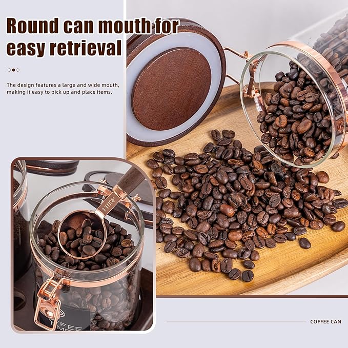 Glass Coffee & Sugar Canister Set, 2×45OZ Airtight Glass Storage Jars with Wooden Shelf and Scoop, Airtight Food Containers for Coffee Beans, Ground Coffee, Sugar and Tea（Rose Gold） - Image 7