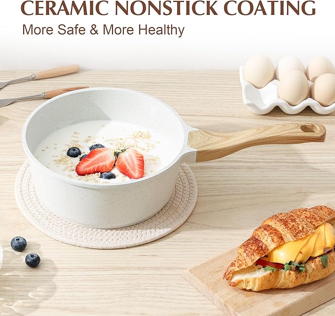 SENSARTE White Ceramic Nonstick Saucepan with Lid Set, Small Cooking Pot with Stay Cool Handle, Induction Compatible Saucepot, White Granite Coating, PFOA/PFAS Free, 1.5 + 2.5QT - Image 6