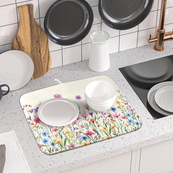 Giwawa Spring Floral Dish Drying Mat 16"x18" Watercolor Summer Wildflower Dish Drainer Mats Herb Flower Reversible Absorbent Dish Drying Pad Decor for Kitchen Countertop Dining Room