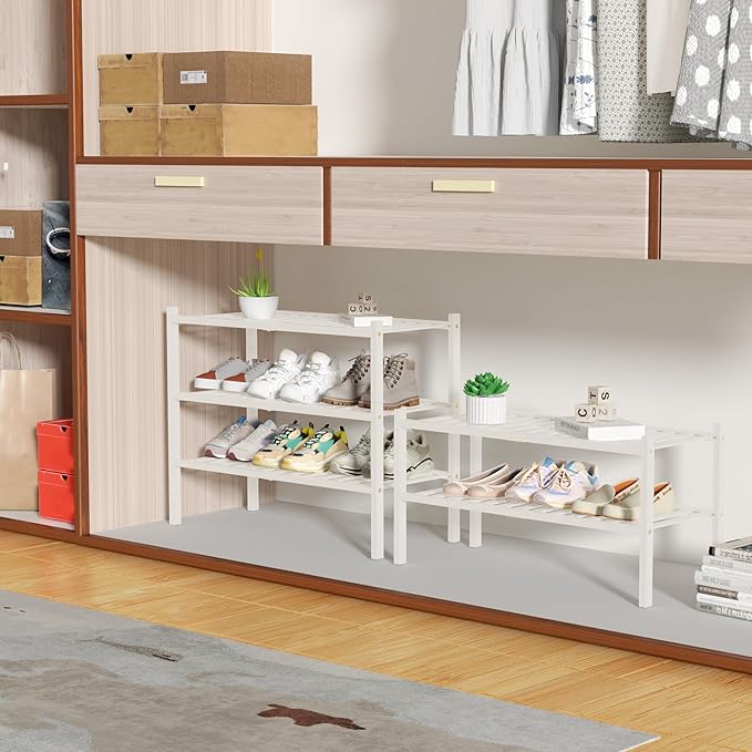 ROMGUAR CRAFT 3 Tier Bamboo Shoe Rack for Closet Free Standing Wood Shoe Shelf Storage Organizer for Entryway Small Space Stackable 27"x11"x20" (White) - Image 4