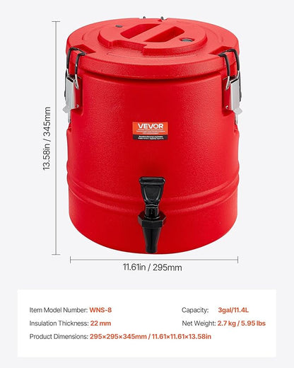 VEVOR Insulated Beverage Dispenser, 3 Gal/11.4L Thermal Hot and Cold Drink Server Dispenser with Spigot, Food-Grade Cooler Jug with 304 Stainless Steel Interior, for Tea Coffee Restaurant Outdoor