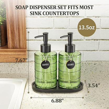 MASADI Soap Dispenser Set with Bamboo Tray, Dish and Hand Soap Lotion Dispenser Set with Wooden Pump for Kitchen and Bathroom Decor for Counter, Modern Vintage Liquid Soap Dispensers (Green&Black) - Image 3