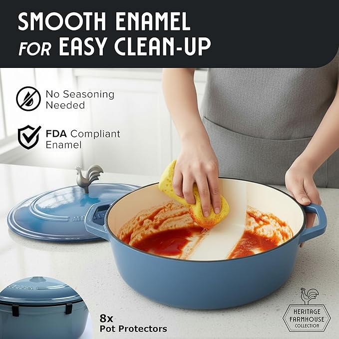 MUELLER HOME 5.5 Quart Enameled Cast Iron Oval Dutch Oven w Rooster Knob & Cotton Potholders, Heavy-Duty Cookware, Oven-Safe up to 500° F & Across All Cooktops, Gifts for Grandma & Women, Mineral Blue - Image 7