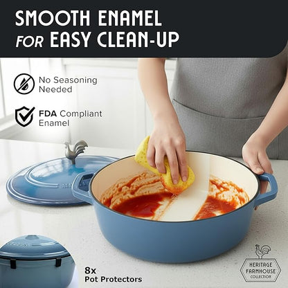 MUELLER HOME 5.5 Quart Enameled Cast Iron Oval Dutch Oven w Rooster Knob & Cotton Potholders, Heavy-Duty Cookware, Oven-Safe up to 500° F & Across All Cooktops, Gifts for Grandma & Women, Mineral Blue - Image 7