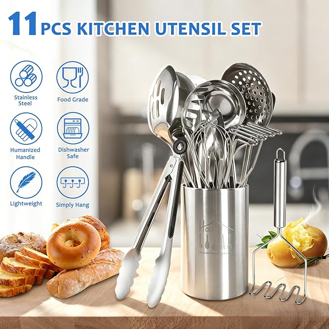 Cooking Utensils Set 11pcs - Stainless Steel Kitchen Utensils Set with Holder, Heat Resistant Kitchen Utensils Sets for Cooking with Turners, Potato Masher, Skimmer, Spoons, Ladle, Tongs, Whisk - Image 4