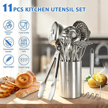 Cooking Utensils Set 11pcs - Stainless Steel Kitchen Utensils Set with Holder, Heat Resistant Kitchen Utensils Sets for Cooking with Turners, Potato Masher, Skimmer, Spoons, Ladle, Tongs, Whisk - Image 4