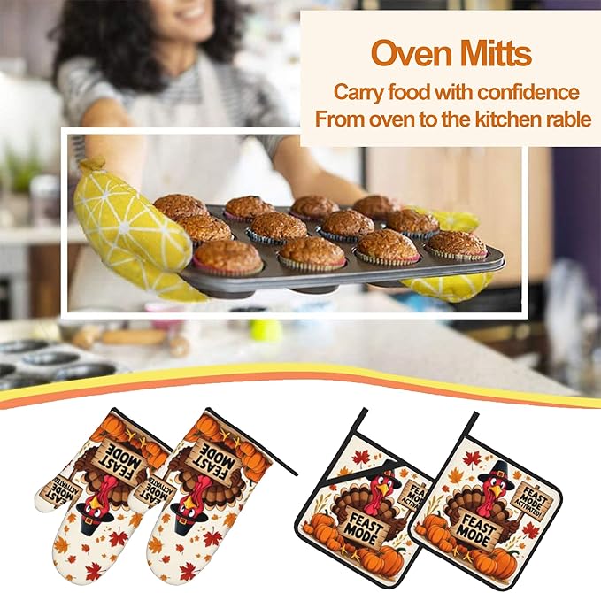 Turkey Oven Mitts with Matching Potholders - Heat Resistant Kitchen Accessories for Baking, Grilling, Cooking, Gifts for Women