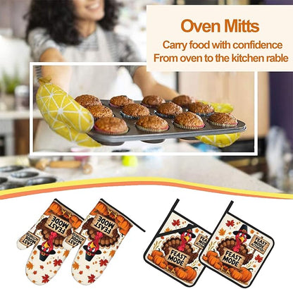 Turkey Oven Mitts with Matching Potholders - Heat Resistant Kitchen Accessories for Baking, Grilling, Cooking, Gifts for Women