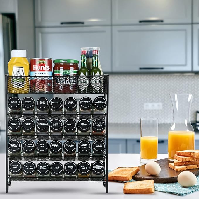 Skiileor Spice Rack Organizer with 28 Spice Jars, Black Lids，Spice Labels, Chalk pen and Funnel Set for Cabinet, Countertop, Pantry, Cupboard or Wall Mount - Image 4