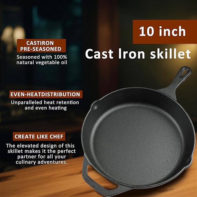 10 Inch Cast Iron Skillet, Pre-Seasoned Frying Pan for Oven, Stovetop, Grill & Campfire, Durable, Non-Toxic, Even-Heating Cookware, Black - Image 3