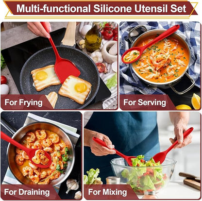 P&P CHEF Kitchen Utensil Set, 4 Pieces Non-stick Silicone Cooking Utensils, Heat-resistant Slotted Solid Spoon Turner for Frying, Mixing, Serving, Non-toxic & Easy to Clean, Red - Image 5