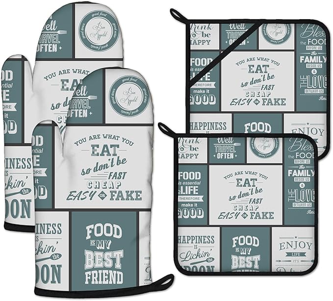 Vintage Farmhouse Food Pattern Oven Mitts and Pot Holders Sets Heat Resistant 4Pcs Potholders Oven Gloves Hot Pads for Kitchen Baking Cooking Grilling BBQ