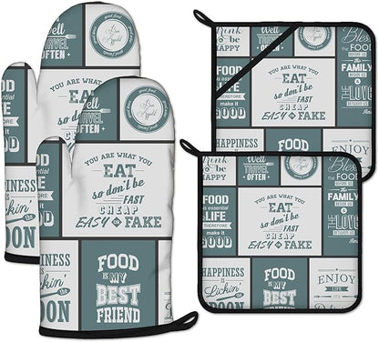 Vintage Farmhouse Food Pattern Oven Mitts and Pot Holders Sets Heat Resistant 4Pcs Potholders Oven Gloves Hot Pads for Kitchen Baking Cooking Grilling BBQ