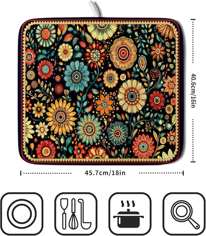 Bohemian Style Flowers Drying Pad Boho Floral Dish Drying Mat for Kitchen Counter Absorbent Microfiber Drainer Rack Mat - Image 2