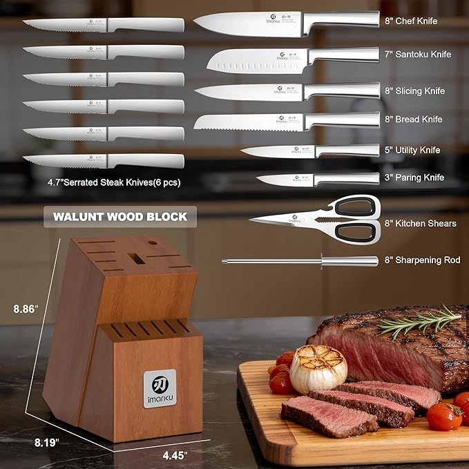 imarku 15-Piece Knife Block Set Built-in Sharpener, Japanese High Carbon Stainless Steel Kitchen Knife Set, Dishwasher Safe, Chef Knife Set with Wooden Knife Block, Steak Knives for Kitchen Cooking - Image 2