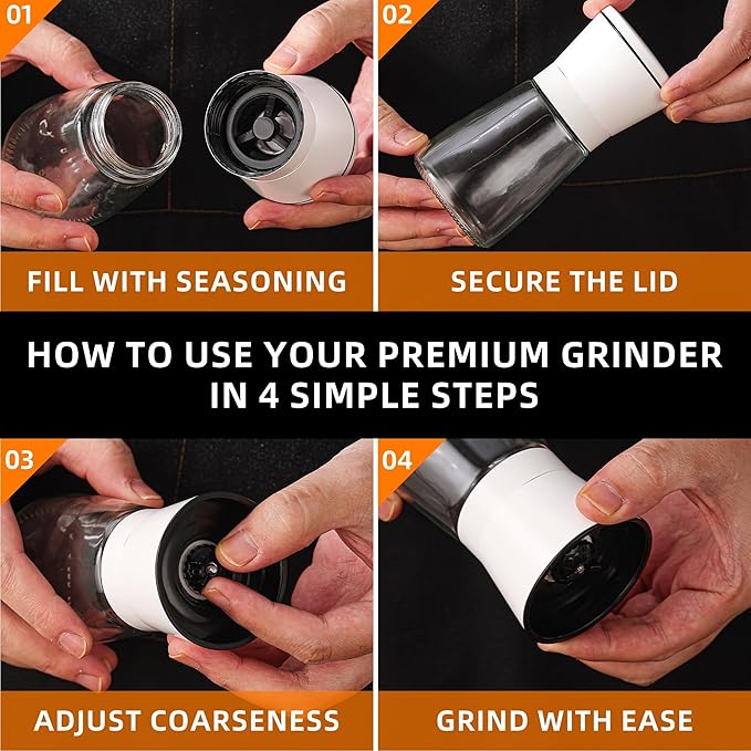 DAVIMADE White Salt and Pepper Grinder Set of 2,Manual Refillable Adjustable Ceramic Grinders, Stainless Steel Salt and Pepper Shakers,Short Glass Body W/Funnel