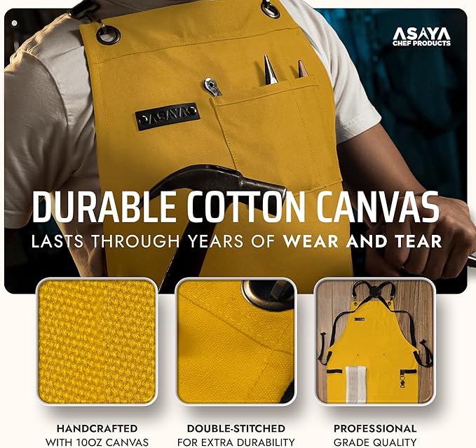 Asaya Chef and BBQ Apron with Bottle Opener and Hand Towel - 10oz Cotton Canvas, Stainless Steel Hardware - Cross Back Straps - Image 3