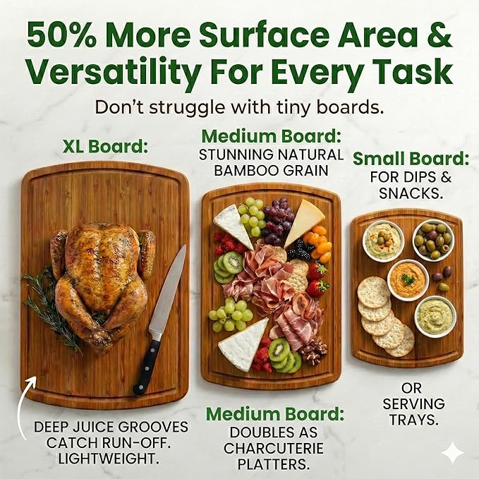 Greener Chef Luxury Bamboo Cutting Board 3-Piece Set with Carbonized Vertical Grain Strength Technology - Extra Large Wooden Cutting Boards for Kitchen with Deep Juice Grooves - Lifetime Replacements - Image 4