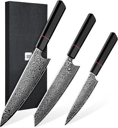 TIVOLI Damascus Knife Set 3PCS - VG10 Japanese Kitchen Knife - Ultra Sharp Chef Knives Set With Octagonal Handle，Professional Cooking Knives for Meat Vegetable Fruit, Christmas Gift for Mom Dad