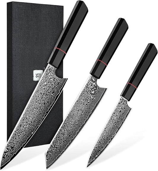 TIVOLI Damascus Knife Set 3PCS - VG10 Japanese Kitchen Knife - Ultra Sharp Chef Knives Set With Octagonal Handle，Professional Cooking Knives for Meat Vegetable Fruit, Christmas Gift for Mom Dad