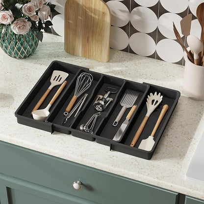 Lifewit Utensil Organizer for Kitchen Drawers, Expandable Cooking Utensil Tray, Adjustable Cutlery Silverware Flatware Holder, Plastic Spatula Tools Storage Divider, 13-22 x 15", Black - Image 8