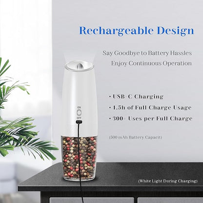 UNNEES Rechargeable Electric Salt and Pepper Grinder Set, Gravity Activated, Adjustable Coarseness, LED Light, USB Charging, Ceramic Core, 150ml Transparent Hopper, Black + White - Image 3