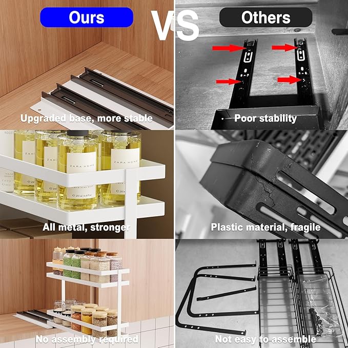 Mustorn 2 Pack Pull Out Spice Rack Organizer for Cabinet, 2 Tier Metal Slide Out Seasoning Organizer and Storage Heavy Duty Vertical Spice Rack Shelf Pullout for Kitchen Cabinets No Drilling (White) - Image 5