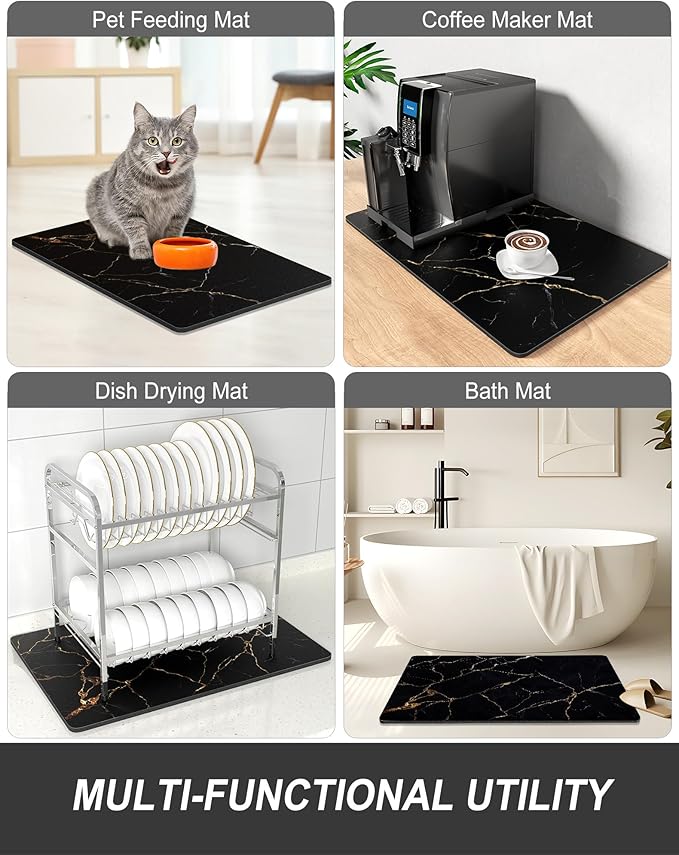 Rnivvi Dish Drying Mat for Kitchen Counter, 12 x 19" Cute Marble Super Absorbent Draining Pad, Non-Slip Heat Resistant Coffee Bar Mats for Coffee Machine Station Accessories, Black Gold Dish Rack Pad - Image 7