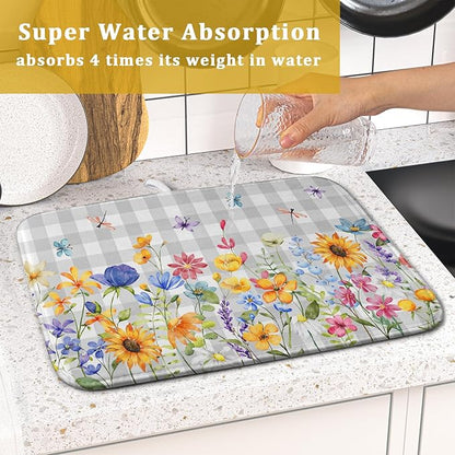 Giwawa Spring Floral Dish Drying Mat, Summer Flower Grey Buffalo Plaids Dish Drainer Mats, Wildflower Butterfly Check Reversible Drying Rack Pad Protector for Kitchen Countertop Decor, 16"x18"