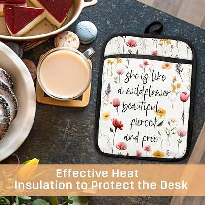 Inspirational Floral Pot Holders with Pockets, She is Like a Wildflower Oven Pot Holders Heat Resistant Oven Mitts Hot Pads for Kitchen Baking Cooking