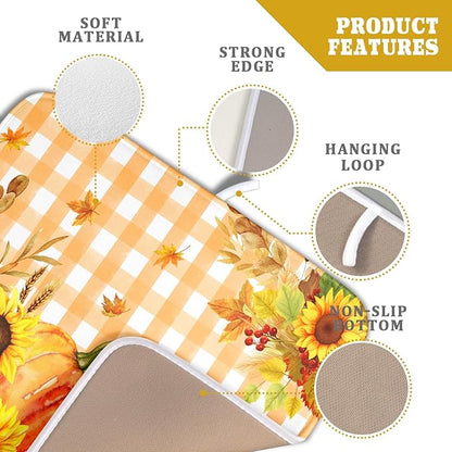 Autumn Maple Leaf Orange White Check Plaids Dish Drying Mat for Kitchen Counter,Fall Sunflower Pumpkin Drying Mat 16 x 18 Inch with Absorbent Reversible Microfiber Dish Drying Pad for Coffee Bar - Image 4