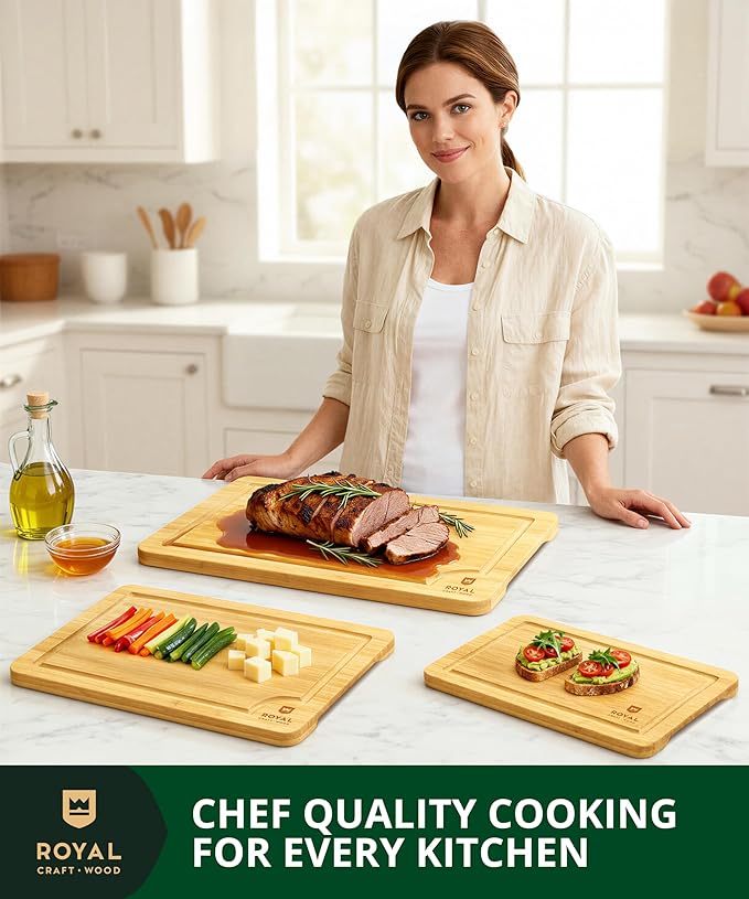 ROYAL CRAFT WOOD Wooden Cutting Boards for Kitchen Meal Prep & Serving - Bamboo Wood Serving Board Set with Deep Juice Groove Side Handles - Charcuterie & Chopping Butcher Block for Meat - Image 7
