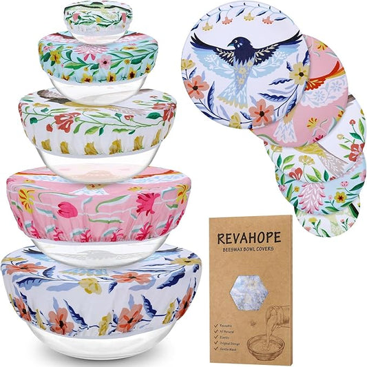 5-Size Reusable Beeswax Bowl Covers for Bread Proofing, Cotton Cloth Flexible Beeswax Wraps for Food Storage(Floral Bird) by Revahope