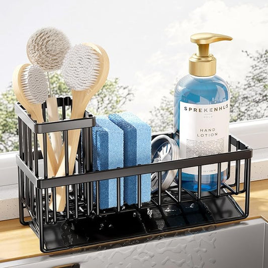 Kitsure Sponge Holder for Kitchen Sink - Rustproof Stainless Steel Sink Caddy Organization and Storage Essentials with High Brush Holder, Home Decor Accessories, 9.4" x 3.7" x 6.2", Black by Kitsure