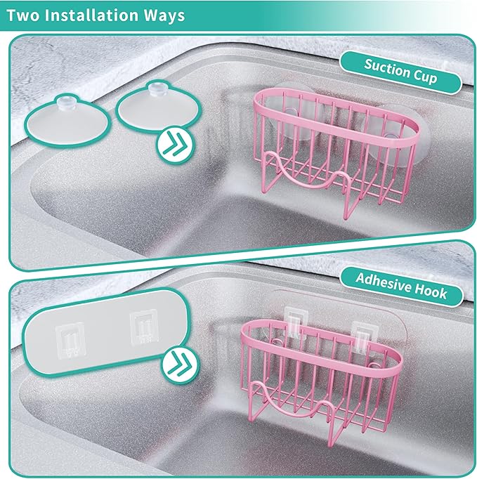 HapiRm Sponge Holder for Kitchen Sink - Sink Caddy with Unique M-Shaped, 2 Installation Methods Kitchen Organizer, Rustproof Stainless Steel Sponge Caddy - Pink - Image 3