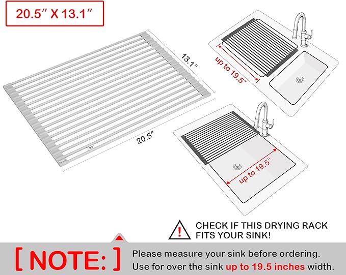 Surpahs 20.5 x 13.1 Inch Roll-Up Dish Drying Rack, Fits Across Sink Openings up to 19.5 Inches, Heavy-Duty Premium Silicone, Strong Support, Non-Slip, Heat-Resistant, Warm Gray - Image 2