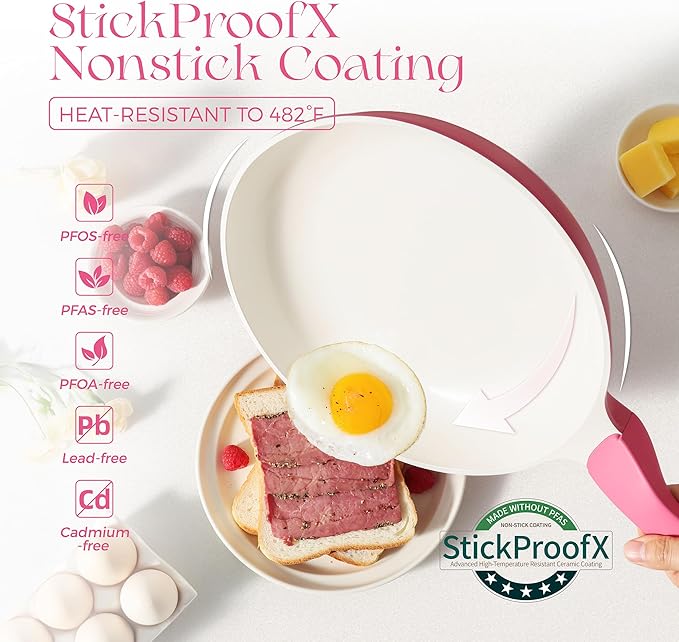 PRICUSIS Nonstick Ceramic Frying Pan, 8/10 Inch Skillet with Stay Cool Handle, Fully Coated, Induction Compatible & Oven Safe, 100% Dishwasher Safe, PTFE PFAS & PFOA Free（8 Inch, Raspberry Red）