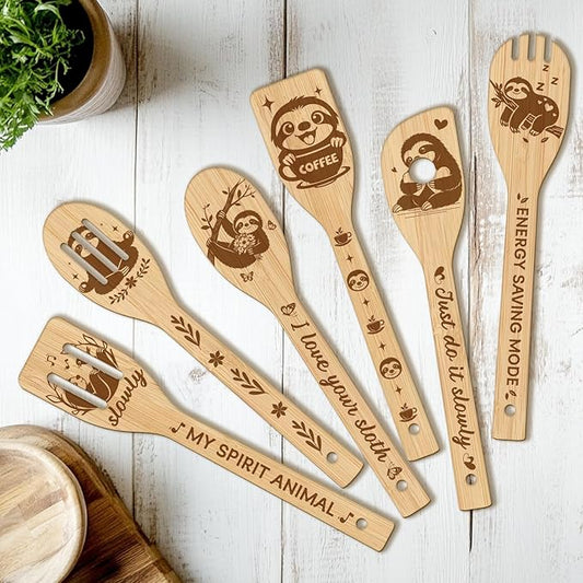CUTHOLLOW 6PCS Sloths Wooden Kitchen Cooking Utensil Set, 11.9in Non Toxic Bamboo Wood Spoon Set for Cooking, Best Housewarming Birthday Thanksgiving Christmas Gift for Women Mother