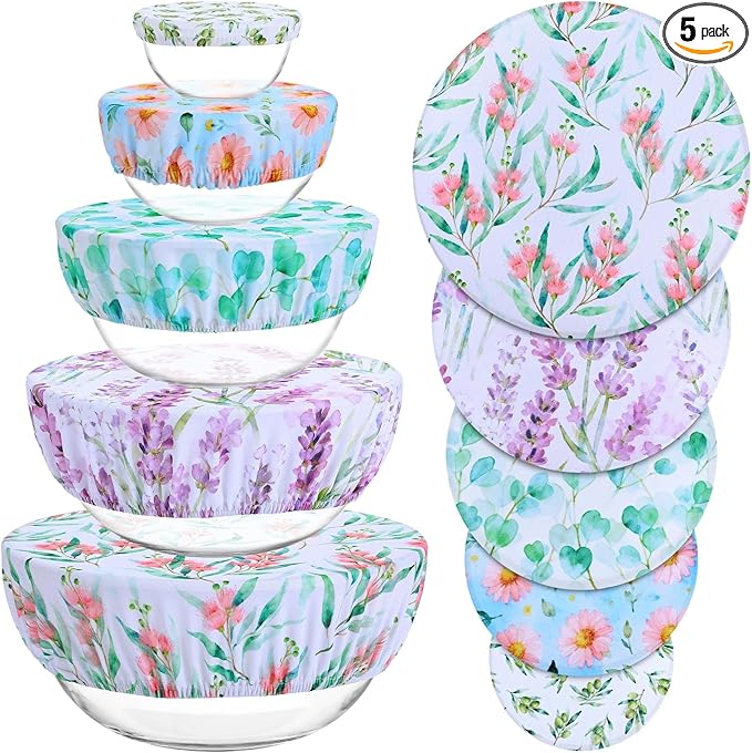 5 Pieces Bowl Covers Reusable, 5 Size Elastic Cloth Bowl Covers for Bread Proofing Stretch Food Covers Washable for Food Fruits Leftover (Pink Floral Eucalyptus leaves) by Revahope