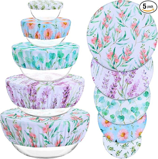 5 Pieces Bowl Covers Reusable, 5 Size Elastic Cloth Bowl Covers for Bread Proofing Stretch Food Covers Washable for Food Fruits Leftover (Pink Floral Eucalyptus leaves) by Revahope