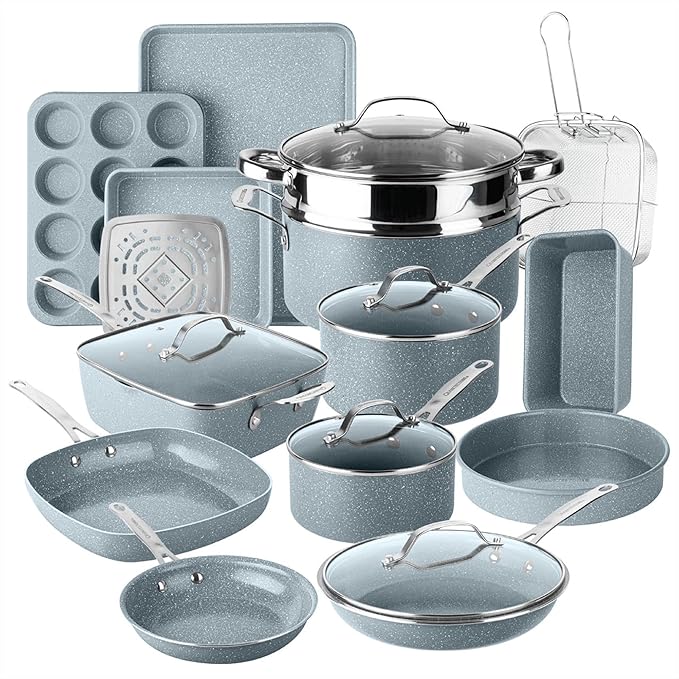 Granitestone Ceraluxe 20 Pc Ceramic Cookware Set Nonstick, Complete Pots and Pans Set Non Stick with 5 Pc Bakeware Set, Deep Frying Pan Set, & Steamer, Non Toxic PFOA Free, Oven & Dishwasher Safe by Granitestone+