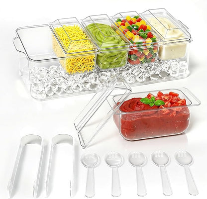 ARSTPEOE Condiment Tray, Chilled Condiment Server for Home, Party, Celebration, Bar Garnish Holder on Ice, Bar Accessories Fruit and Salad with Removable Trays and Lids (5 Spoons & 2 Tongs)