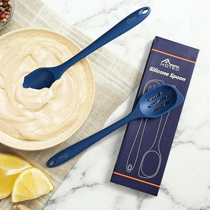 HOTEC 446°F Heat Resistant Silicone Cooking Spoon Spatula, BPA Free Large Kitchen Solid and Slotted Spoons for Mixing, Serving, Scraping, Non-stick, Dishwasher Safe Classic Blue 12.5inch - Image 7