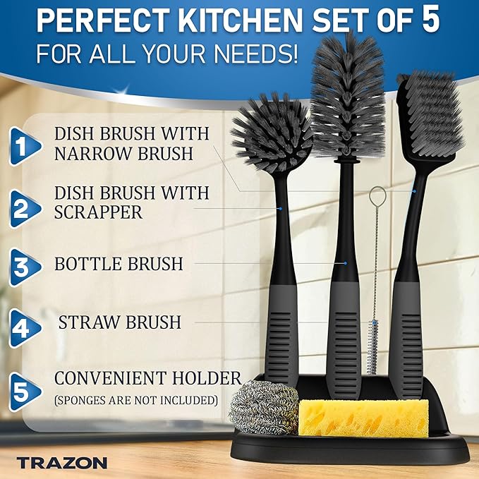 Dish Brush Set of 5 with Holder - Kitchen Scrub Brushes with Non-Slip Long Handle for Cleaning, Scrubber, Dishwashing, Dishes, Bottles, Straws, Cups, Pots & Sink, Black - Image 2