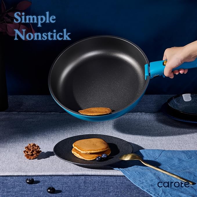 CAROTE 21pcs Pots and Pans Set, Nonstick Cookware Set Detachable Handle, Induction Kitchen Cookware Sets Non Stick with Removable Handle, RV Cookware Set, Peacock Blue - Image 3