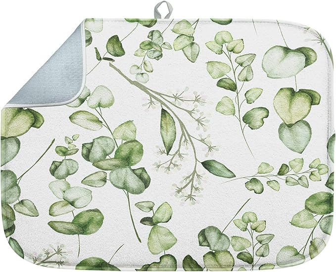 Sanwarm Absorbent Dish Drying Mat, Vintage Summer Eucalyptus Leaves Flower Microfiber Pad for Kitchen Counter, Coffee Bar Decor, Heat Resistant and Reversible, 16" x 18"