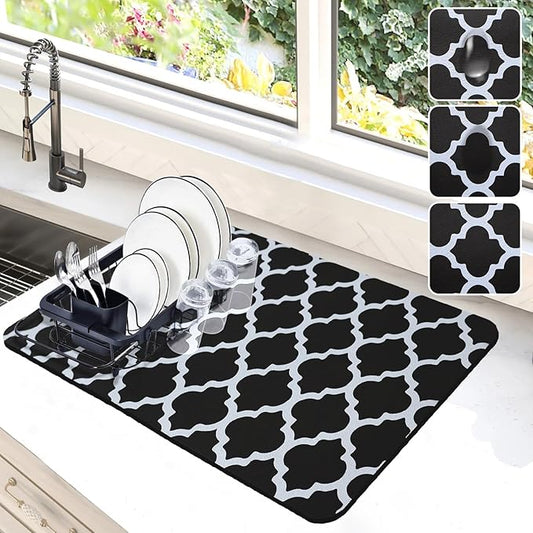 Dish Drying Mat for Kitchen Counter, 12"x19" Dish Drying Pad with Non-slip Rubber Backed, Hide Stain Anti Absorbent for Kitchen Counter, Drying Mat for Coffee Machine Dish Rack (Black Trellis) by Etomiel