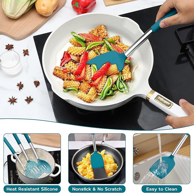 15pcs Kitchen Cooking Utensils Set with Holder, Onader Heat Resistant Silicone Kitchen Utensils Spatula Set with Stainless Steel Handle - Blue - Image 5
